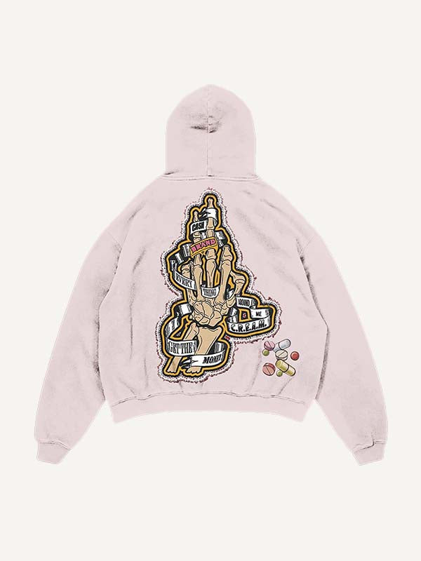 Distressed Washed Skeleton Injection Medicine&Letter Faux Decal Print Slant Pockets Hoodie