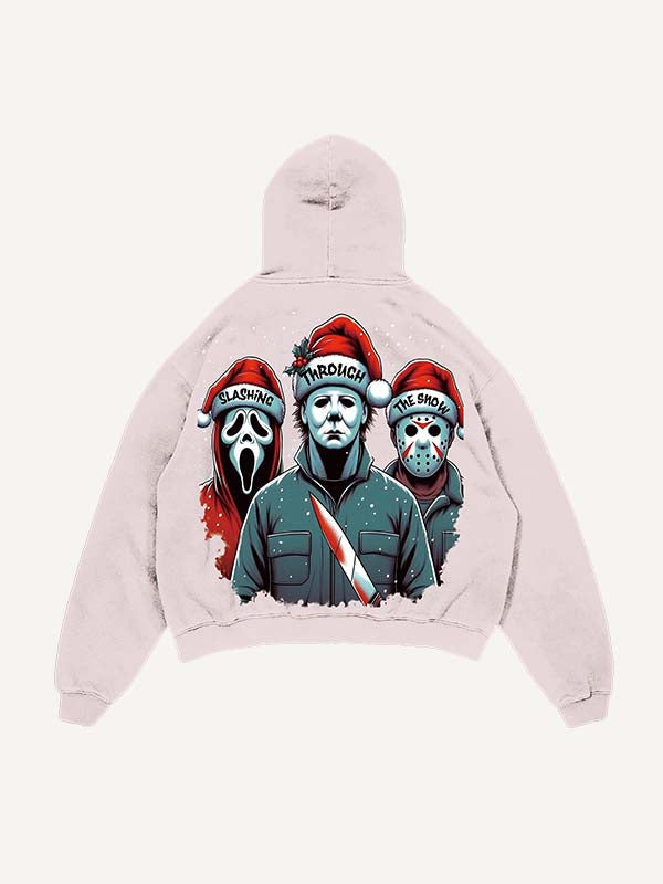 Distressed Washed Christmas Horror Print Slant Pockets Hoodie