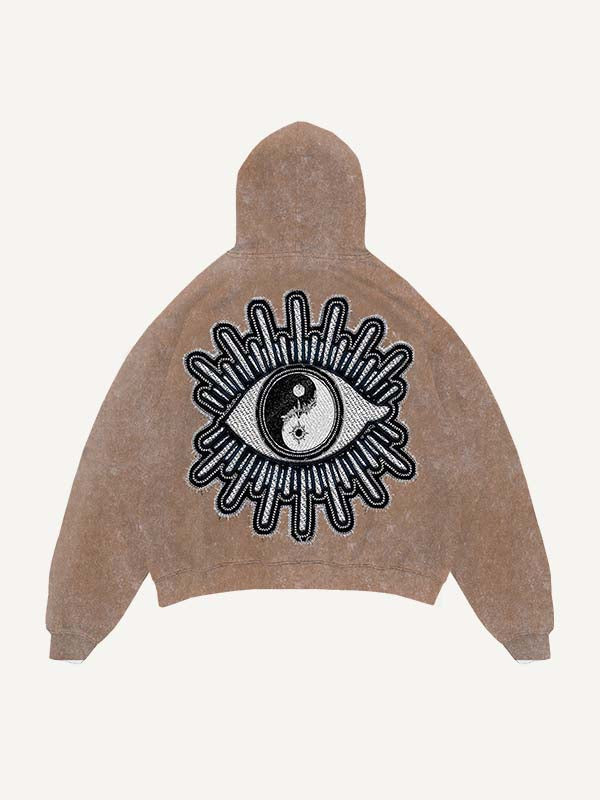 Distressed Washed Sun&Moon&Star&Eye Graphic Faux Decal Print Slant Pockets Hoodie