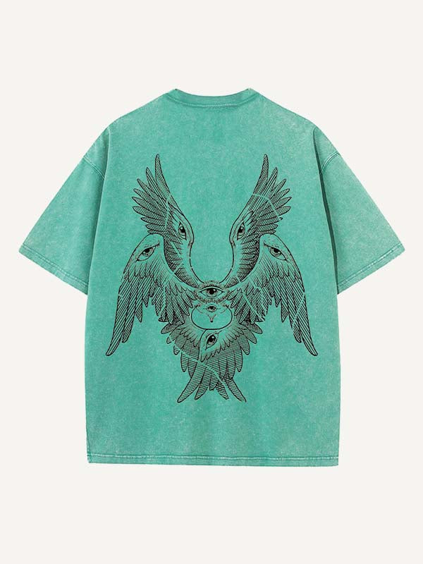 Distressed Washed Wing&Eye&Graphic Print Round Neck T-shirt