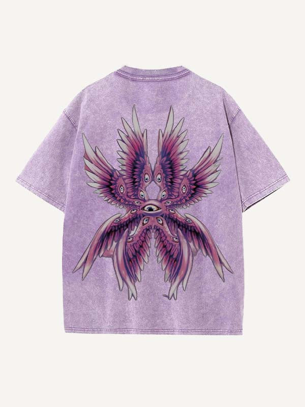 Distressed Washed Eye&Wing Print Round Neck T-shirt