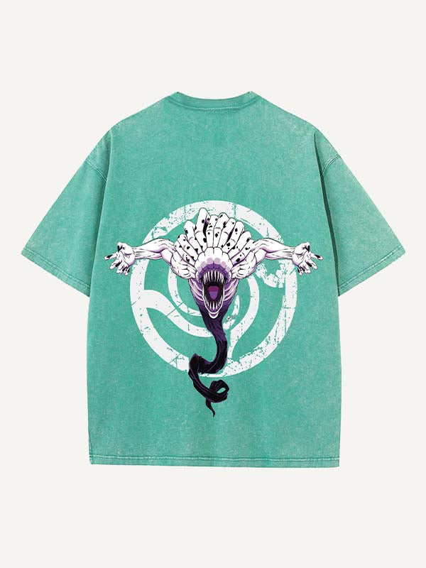 Distressed Washed Figure&Sword&Monsters&Letter Print Round Neck T-shirt