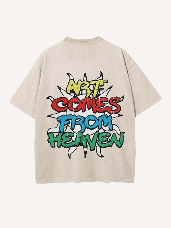 Distressed Washed Sun&Letter Print Round Neck T-shirt