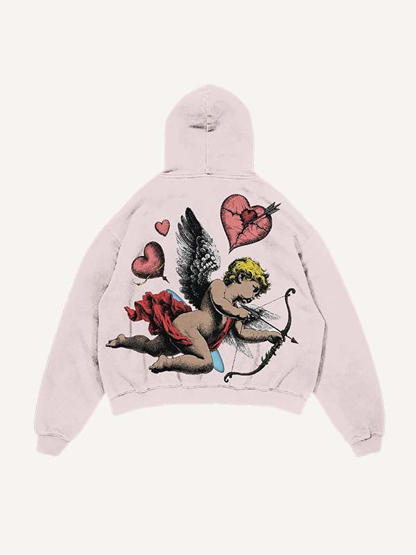 Distressed Washed Cupid&Heart Print Slant Pockets Hoodie