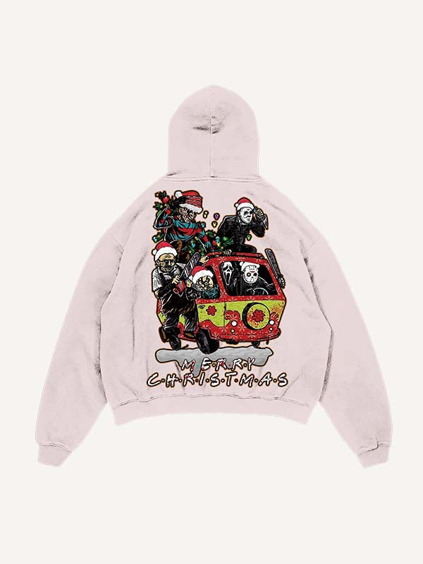 Distressed Washed Christmas Horror Print Slant Pockets Hoodie