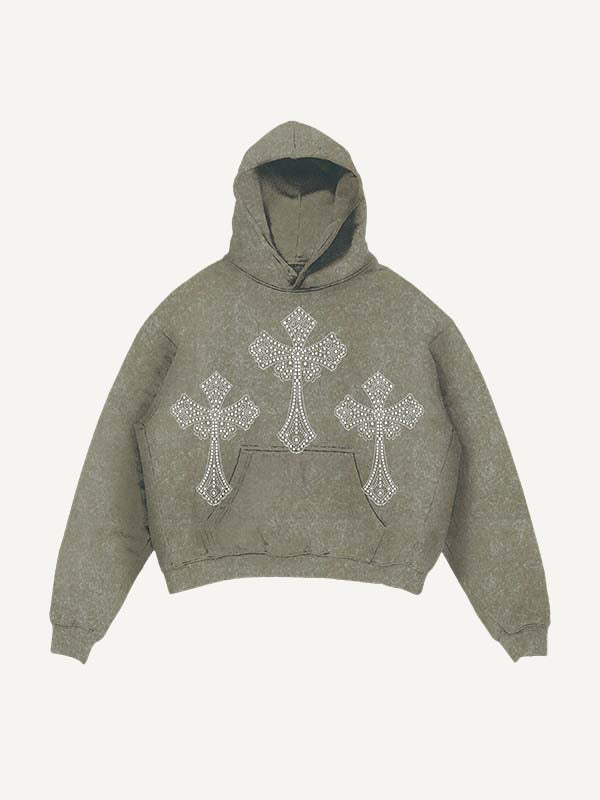 Distressed Washed Wing&Cross Faux Rhinestones Print Slant Pockets Hoodie