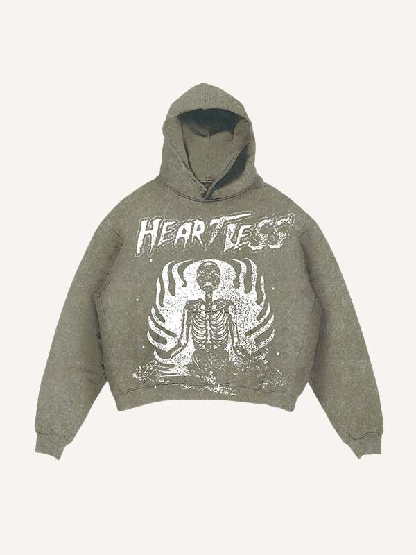 Distressed Washed Heartless Skeleton&Letter Print Slant Pockets Hoodie