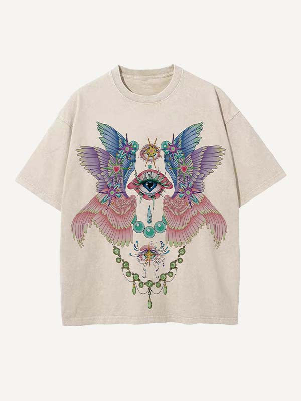 Distressed Washed Eye&Wing Print Round Neck T-shirt