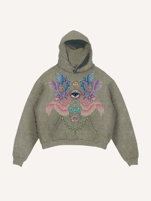 Distressed Washed Eye&Wing Print Slant Pockets Hoodie