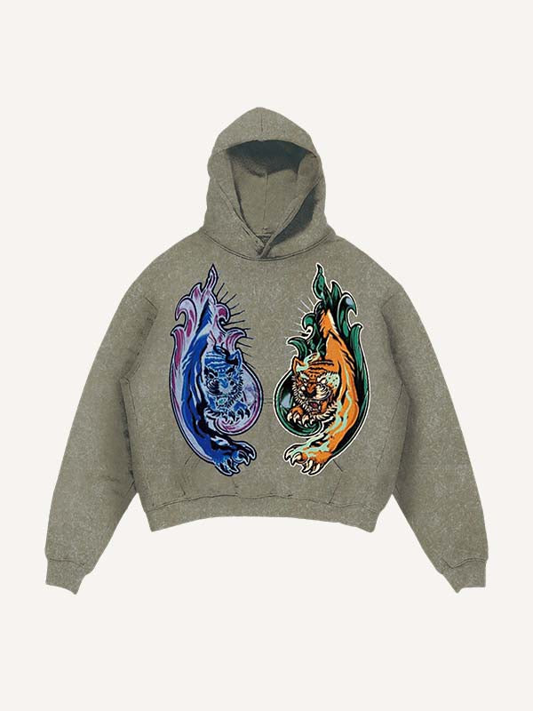 Distressed Washed Tiger&Snake&Panther Print Slant Pockets Hoodie