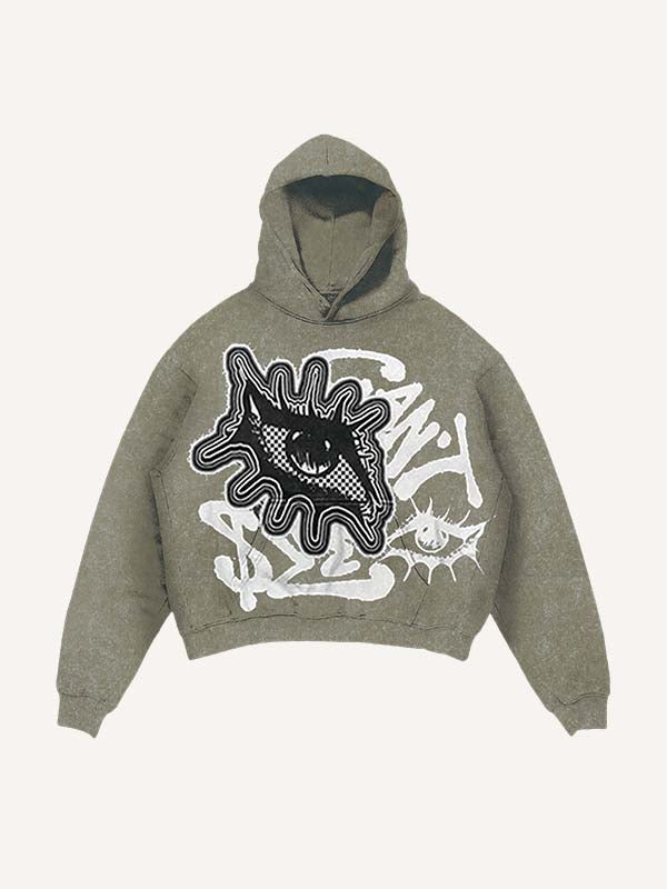 Distressed Washed Eye&Letter Faux Decal Print Slant Pockets Hoodie