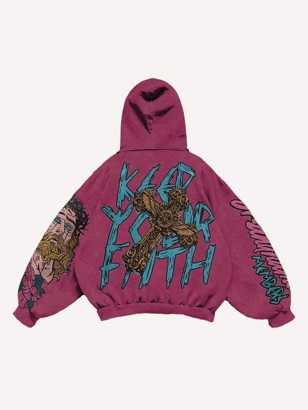 Figure&Letter&Cross Print Slant Pockets Hoodie