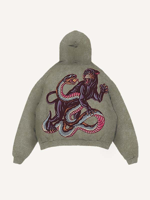 Distressed Washed Tiger&Snake&Panther Print Slant Pockets Hoodie