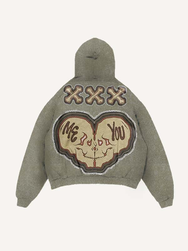 Distressed Washed Die For You Skull Faux Decal Print Slant Pockets Hoodie
