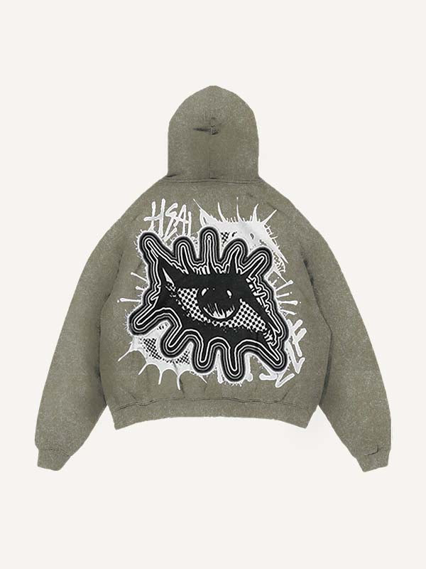Distressed Washed Eye&Letter Faux Decal Print Slant Pockets Hoodie