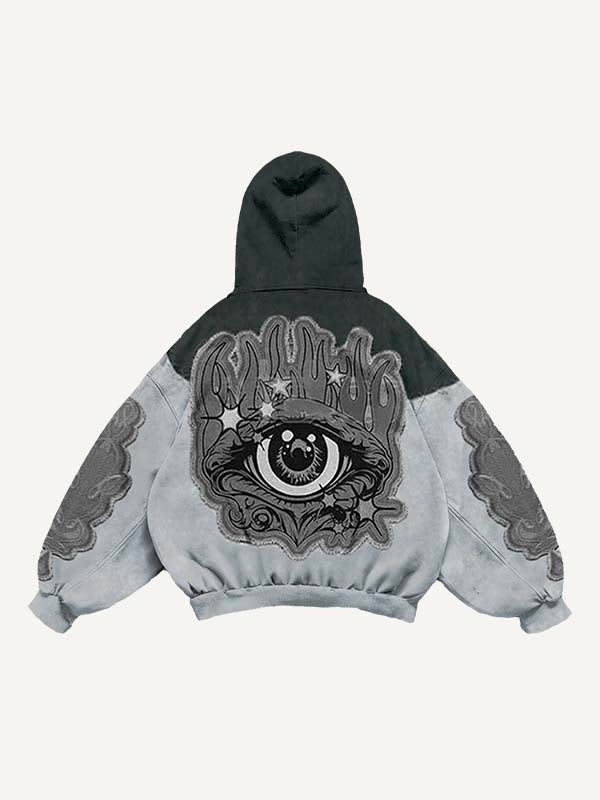 Colorblock Eye Faux Decal Print Slant Pockets Hoodie