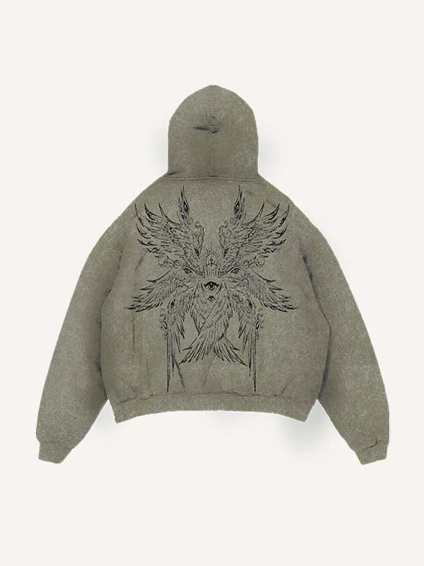 Distressed Washed Wing&Eye&Tears&Graphic Print Slant Pockets Hoodie