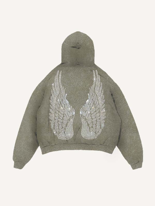 Distressed Washed Wing&Cross Faux Rhinestones Print Slant Pockets Hoodie