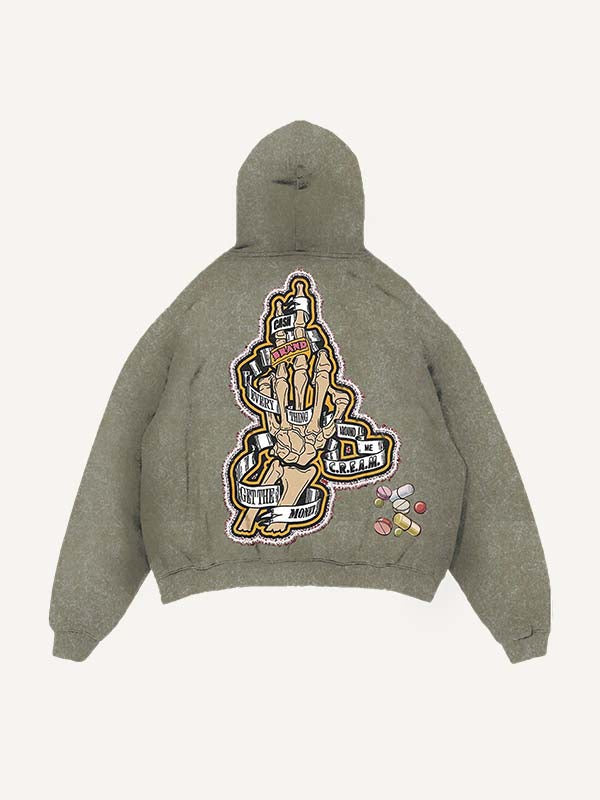 Distressed Washed Skeleton Injection Medicine&Letter Faux Decal Print Slant Pockets Hoodie