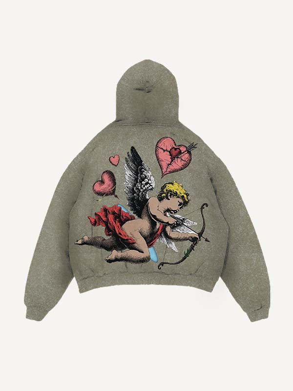 Distressed Washed Cupid&Heart Print Slant Pockets Hoodie