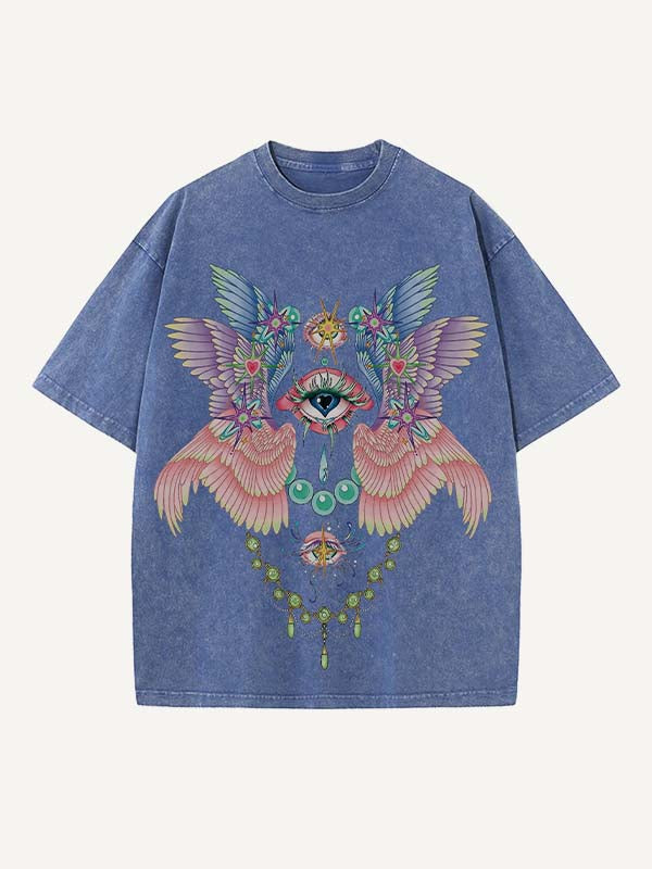 Distressed Washed Eye&Wing Print Round Neck T-shirt