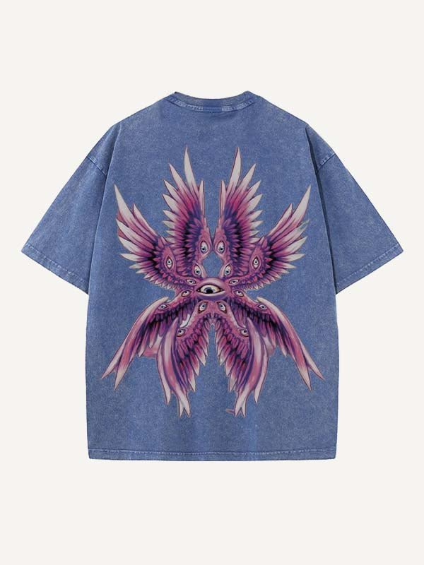 Distressed Washed Eye&Wing Print Round Neck T-shirt