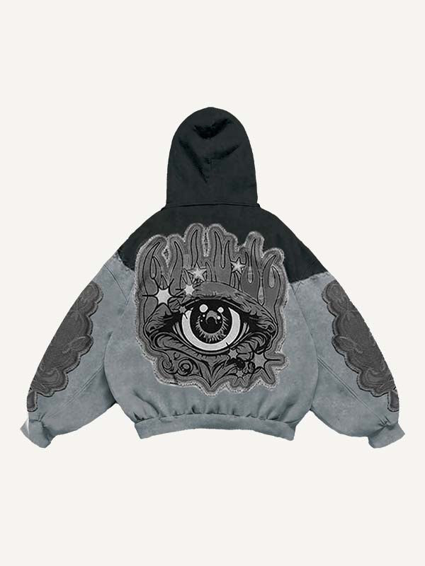 Colorblock Eye Faux Decal Print Slant Pockets Hoodie