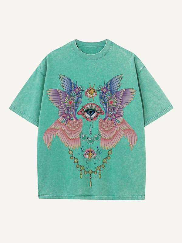 Distressed Washed Eye&Wing Print Round Neck T-shirt