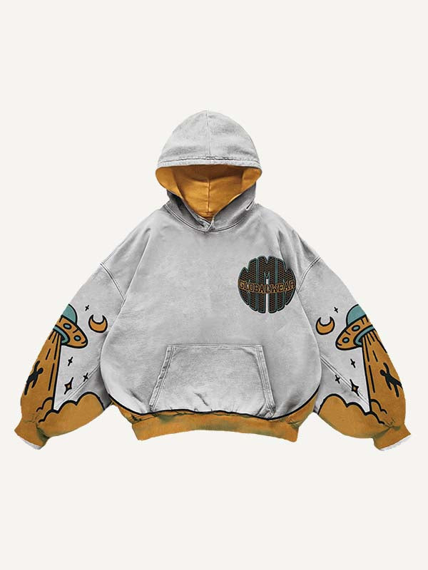 Colorblock UFO&Letter Graphic Print Slant Pockets Hoodie
