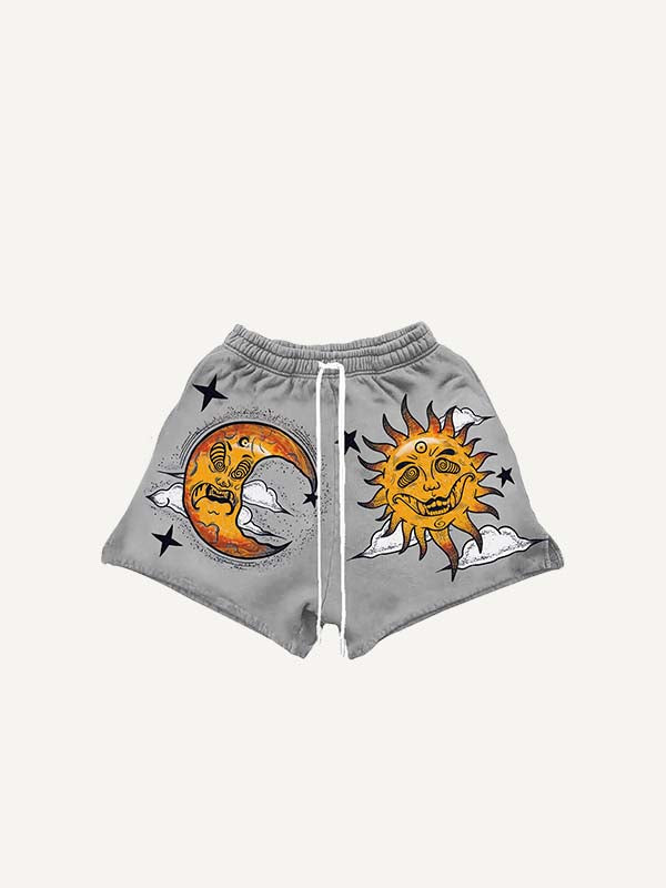 Evil Sun&Moon&Eye&Graphic Print Drawstring Waist Shorts