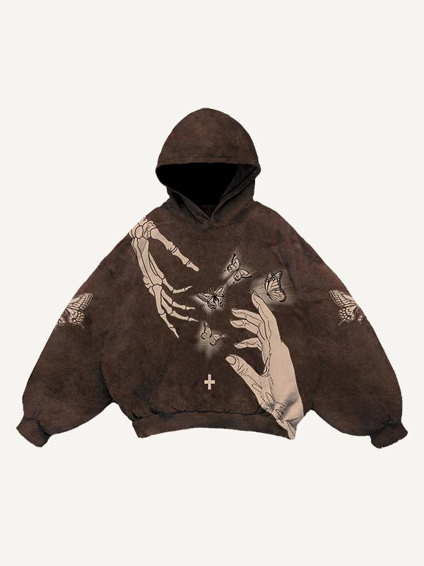 Butterfly&Skull Palm Print Slant Pockets Hoodie