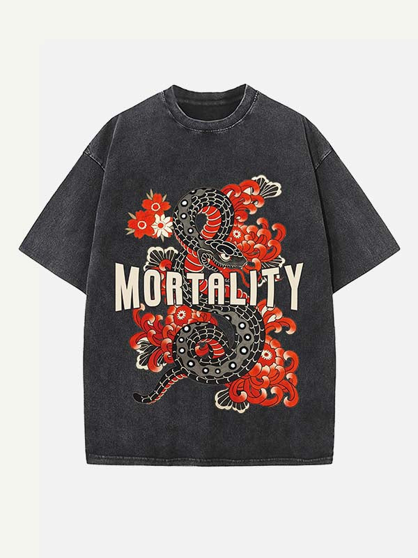 Distressed Washed Snake&Floral&Letter Print Round Neck T-shirt