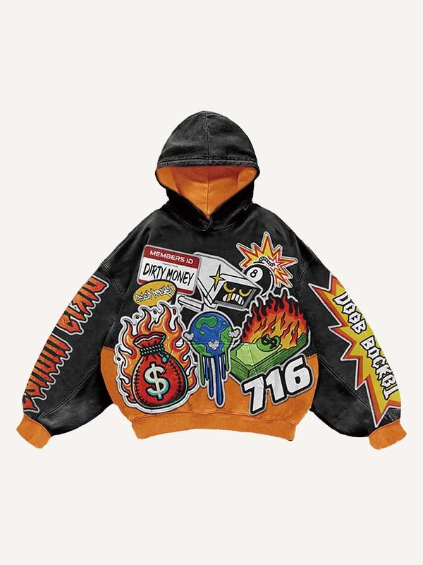 Colorblock Fire&Money&Graphic&Letter Faux Decal Print Slant Pockets Hoodie