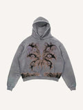 Distressed Washed Wing&Eye&Graphic Print Slant Pockets Hoodie