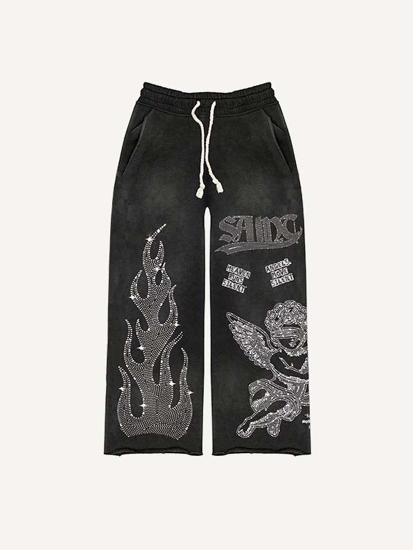 Angel&Fire&Letter Faux Rhinestones Print Elastic Waist Pants