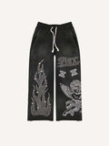 Angel&Fire&Letter Faux Rhinestones Print Elastic Waist Pants