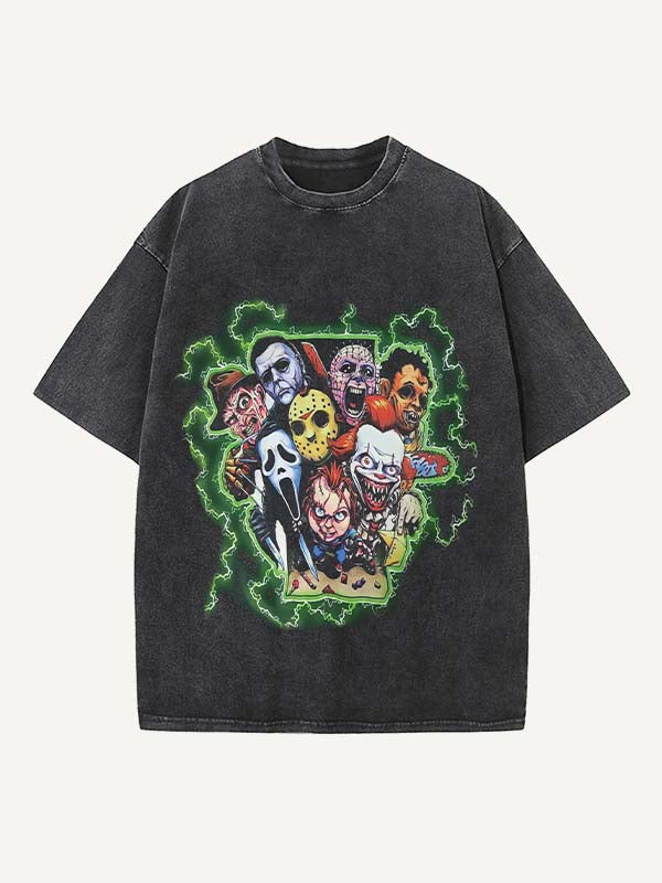 Distressed Washed Horror Print Round Neck T-shirt