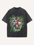 Distressed Washed Horror Print Round Neck T-shirt