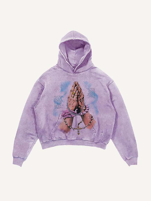 Distressed Washed Pray&Letter&Heart&Palm Print Slant Pockets Hoodie