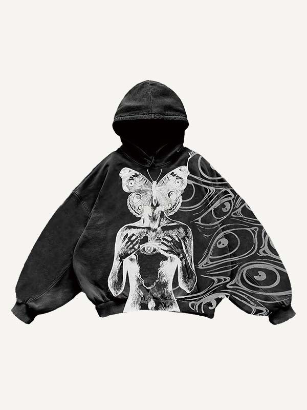 Figure&Eye&Butterfly Print Slant Pockets Hoodie