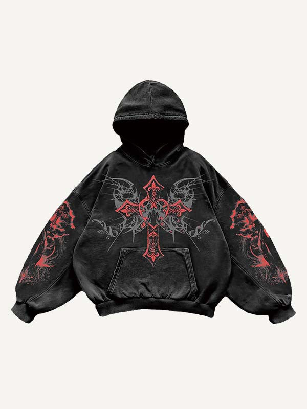 Figure&Cross Graphic Print Slant Pockets Hoodie