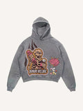 Distressed Washed Skeleton Injection Medicine&Letter Faux Decal Print Slant Pockets Hoodie