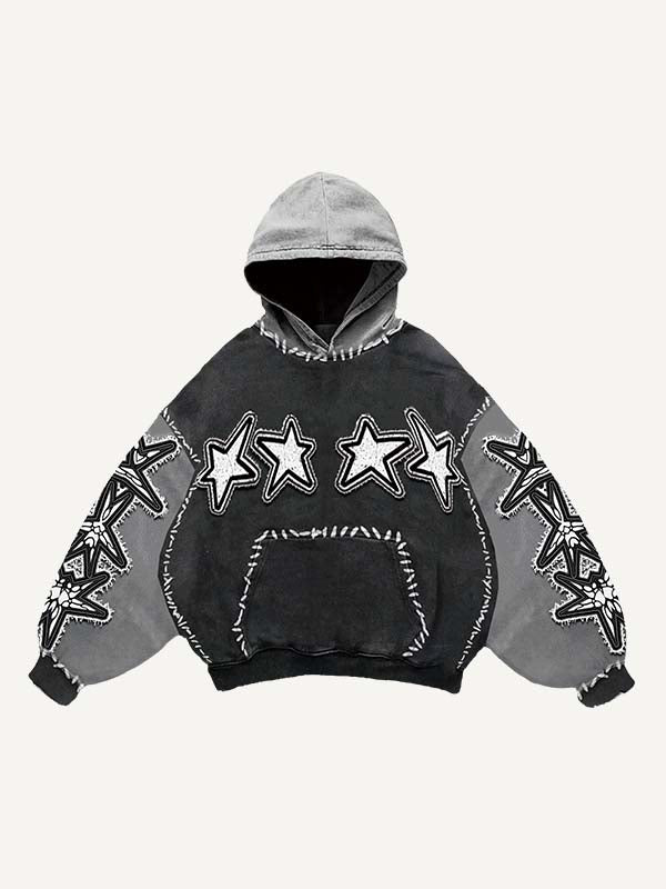 Colorblock Star&Skeleton Pray Faux Decal Print Slant Pockets Hoodie
