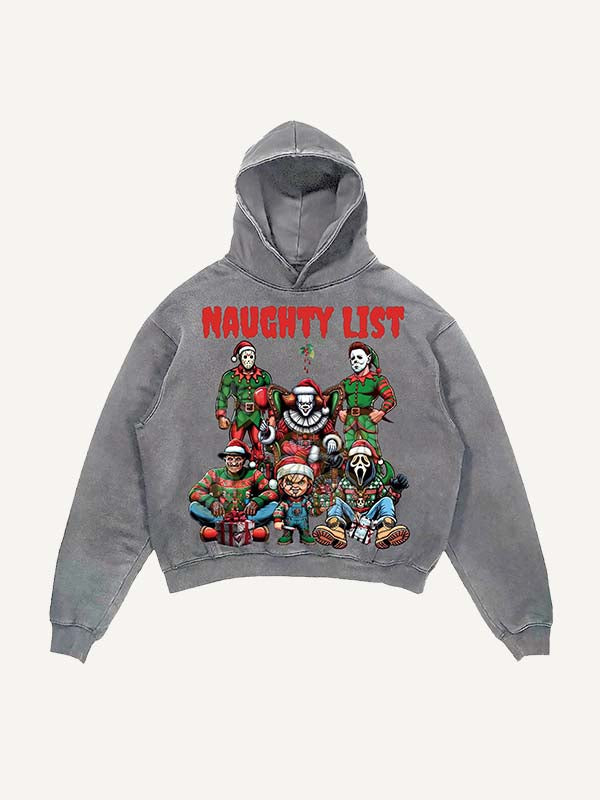 Distressed Washed Christmas Horror Print Slant Pockets Hoodie