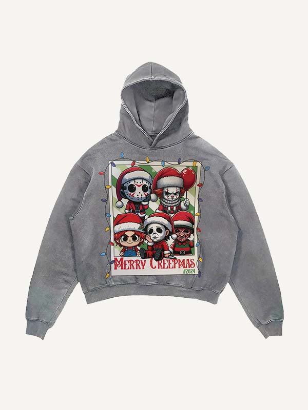 Distressed Washed Christmas Horror Print Slant Pockets Hoodie