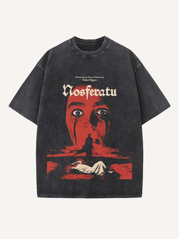Distressed Washed Halloween Horror Print Round Neck T-shirt