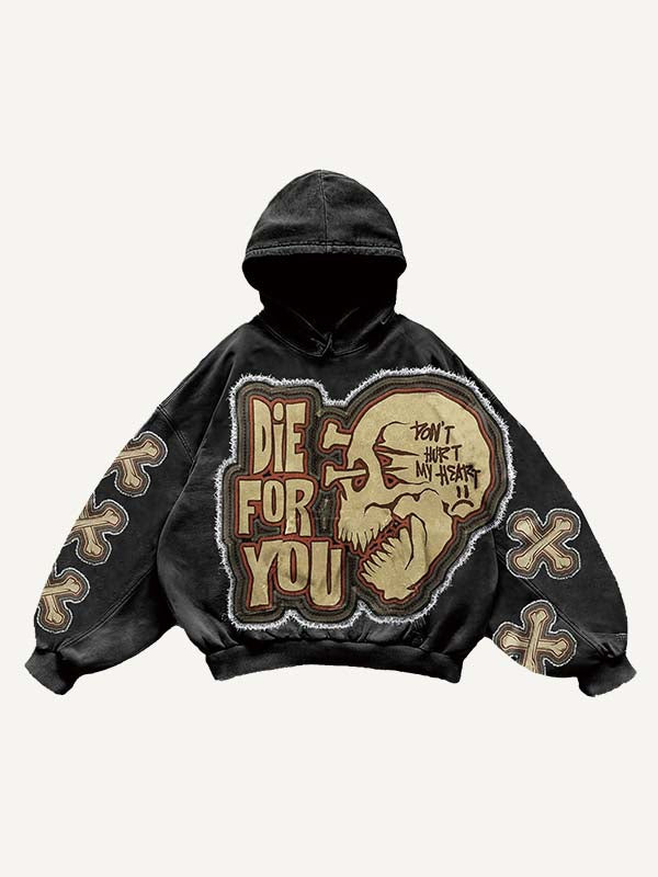 Die For You Skull&Cross Faux Decal Print Slant Pockets Hoodie