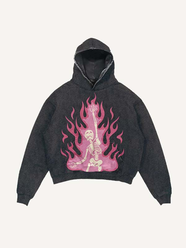 Distressed Washed Pink Fire Skeleton Print Slant Pockets Hoodie