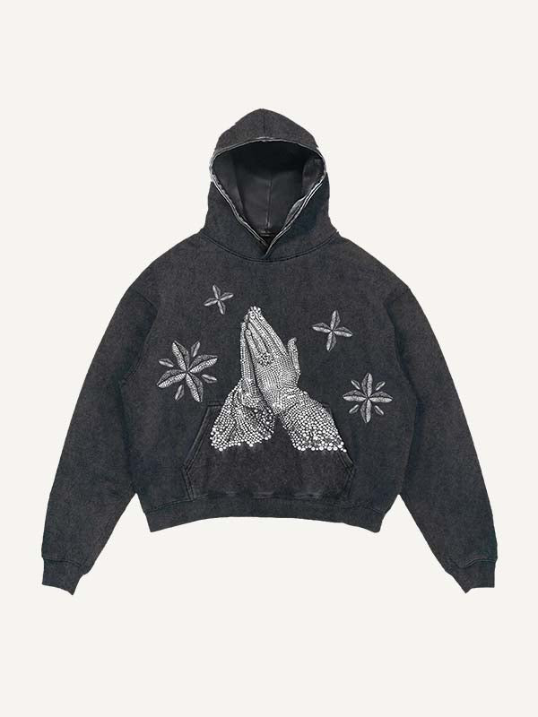 Distressed Washed Mary&Letter Pray Faux Rhinestones Print Slant Pockets Hoodie