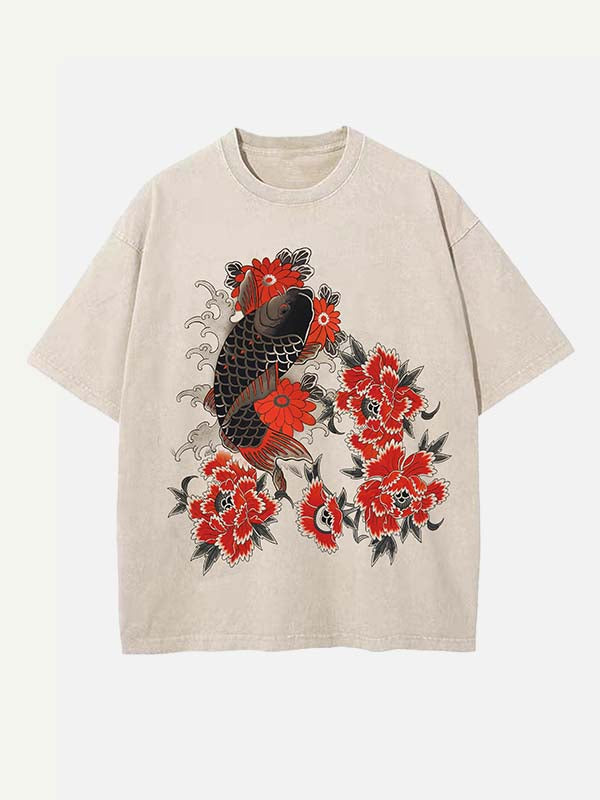 Distressed Washed Fish&Floral Print Round Neck T-shirt